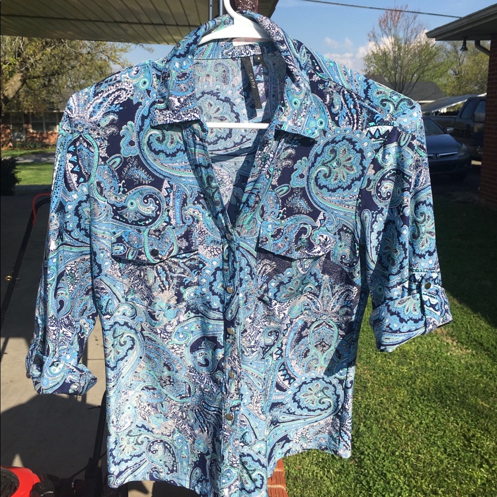 Blue sparkling boho western shirt SZ small